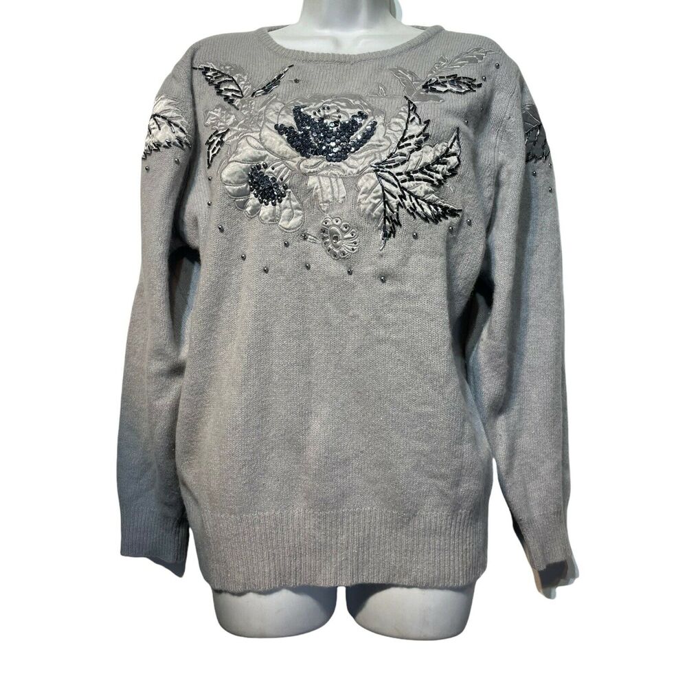 Vintage Winnie’s Gray Floral Angora Embroidered Rhinestone Sweater Size M